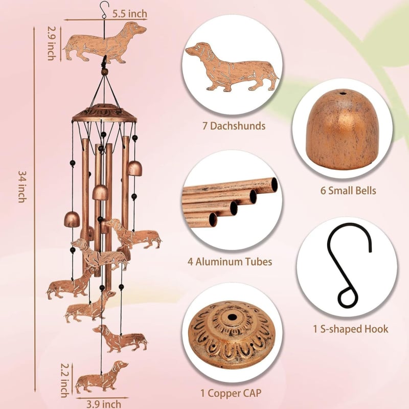 Clopot muzical din fier în formă de dachshund, 34 inch, decor pentru grădină și casă, cadou de Ziua Mamei