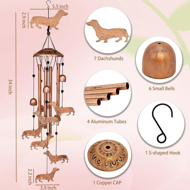 Clopot muzical din fier în formă de dachshund, 34 inch, decor pentru grădină și casă, cadou de Ziua Mamei