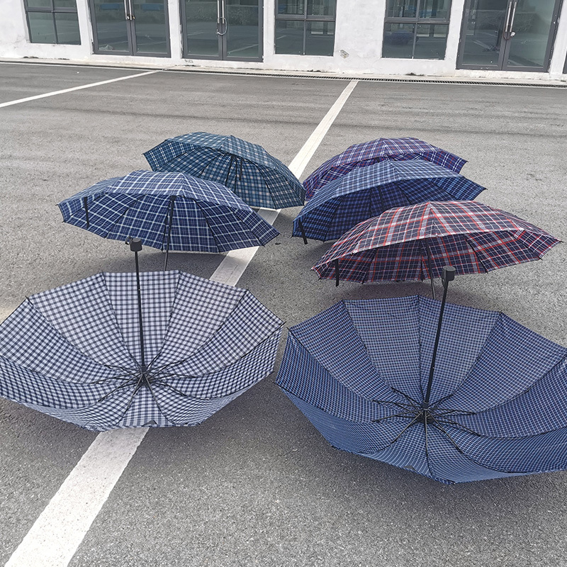 Umbrelă cu model carouri, pliantă, manuală, 10 nervuri, mare pentru două persoane, rezistentă la ploaie și la soare