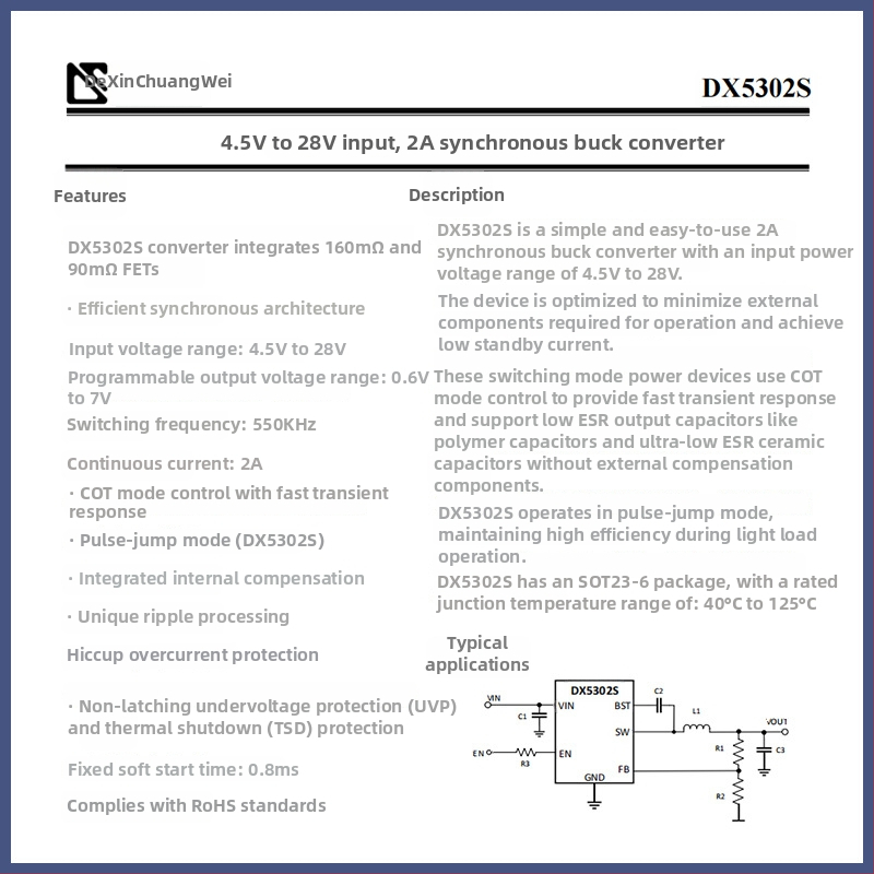 Dexin convertor DC-DC sincronizat intrare 4.5V–8V, 2A DX5302S