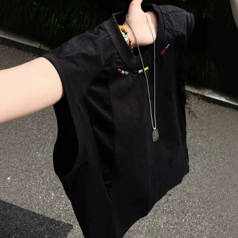 Vestă fără mâneci din plasă respirabilă, broderie, patchwork, uscare rapidă, vară