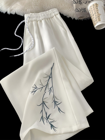 Pantaloni de vară pentru bărbați din ice-silk, ușori, croială largă, broderie în stil asiatic, casual