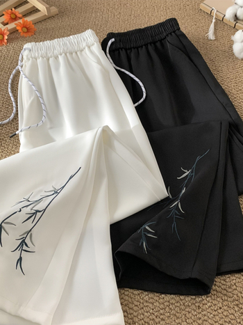 Pantaloni de vară pentru bărbați din ice-silk, ușori, croială largă, broderie în stil asiatic, casual