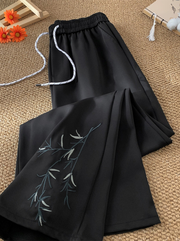 Pantaloni de vară pentru bărbați din ice-silk, ușori, croială largă, broderie în stil asiatic, casual