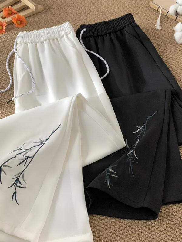 Pantaloni de vară pentru bărbați din ice-silk, ușori, croială largă, broderie în stil asiatic, casual