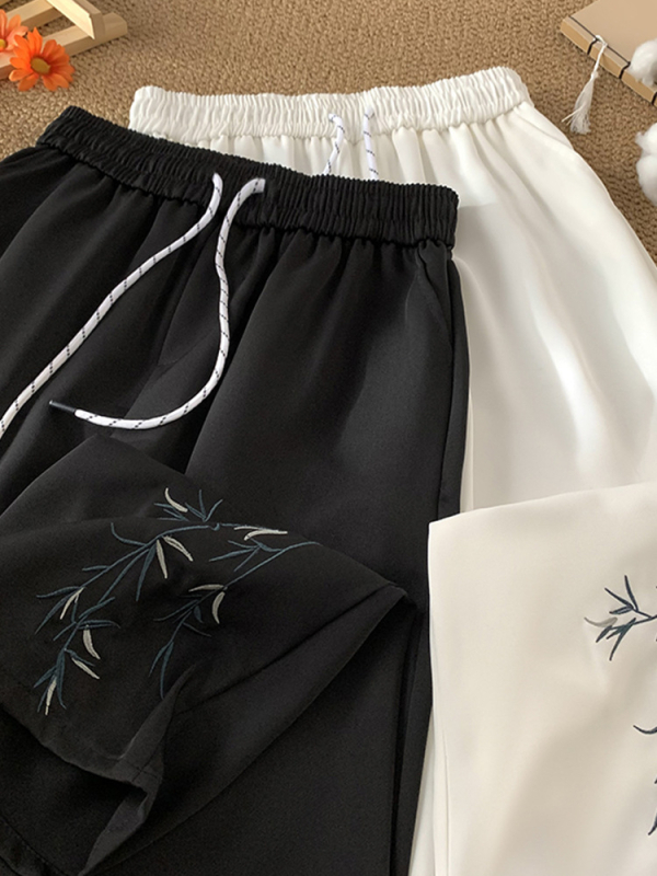 Pantaloni de vară pentru bărbați din ice-silk, ușori, croială largă, broderie în stil asiatic, casual