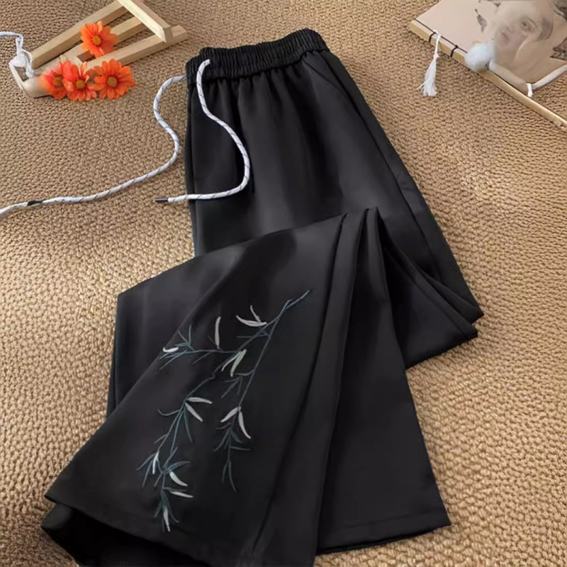 Pantaloni de vară pentru bărbați din ice-silk, ușori, croială largă, broderie în stil asiatic, casual