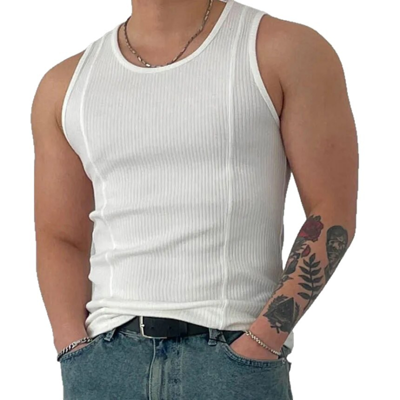 Maieu de fitness pentru bărbați fără mâneci, mărime mare până la 150 kg, vară, culoare solidă, detaliu nervurat cu patchwork, croială Slim, top simplu și versatil