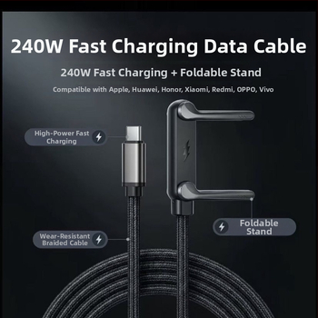 Sklopivi USB-C kabel za napajanje s držačem za telefon, pleteni crni, 240W, duljine 1–2 m, PD ozbiljno punjenje
