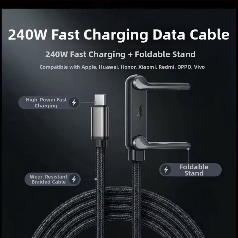 Sklopivi USB-C kabel za napajanje s držačem za telefon, pleteni crni, 240W, duljine 1–2 m, PD ozbiljno punjenje