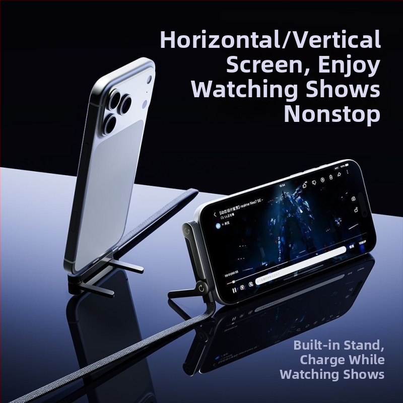 Sklopivi USB-C kabel za napajanje s držačem za telefon, pleteni crni, 240W, duljine 1–2 m, PD ozbiljno punjenje