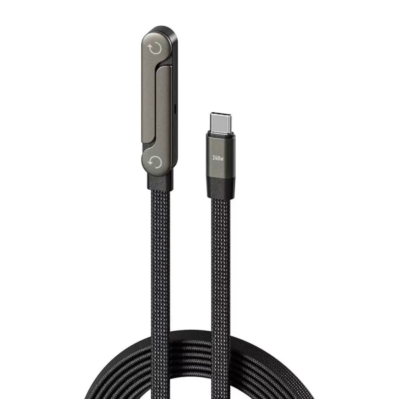 Sklopivi USB-C kabel za napajanje s držačem za telefon, pleteni crni, 240W, duljine 1–2 m, PD ozbiljno punjenje