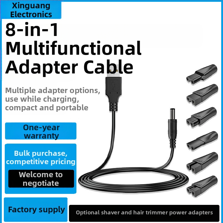 Nabíjací kábel USB na DC5521 (samica), adaptér DC5521 s dvoma portami pre zastrihávač vlasov a holiace strojčeky, 6 typov rozhraní