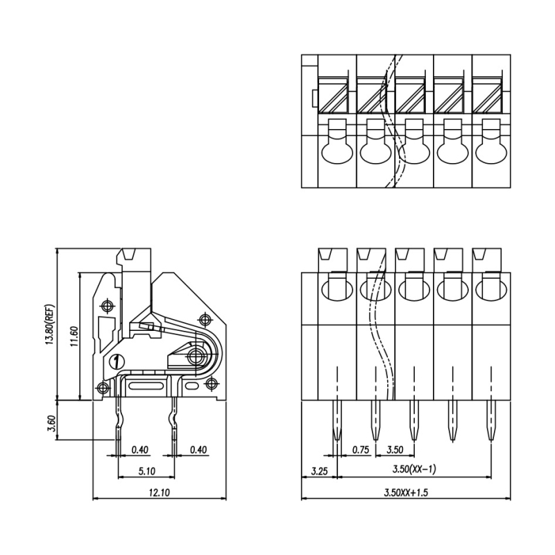 Bloc terminal PCB de tip apăsare cu arc DG/DA250, 3,5 mm, conector LED
