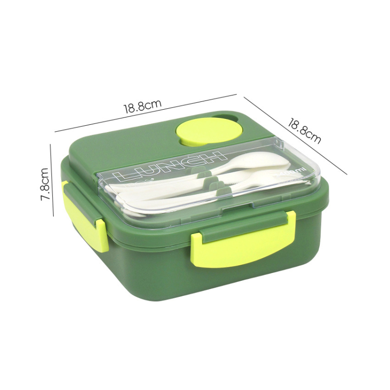 Cutie de prânz pătrată, izolată, cu tacâmuri și recipient pentru sos, închidere cu clips, compatibilă cu cuptorul cu microunde, trei compartimente.