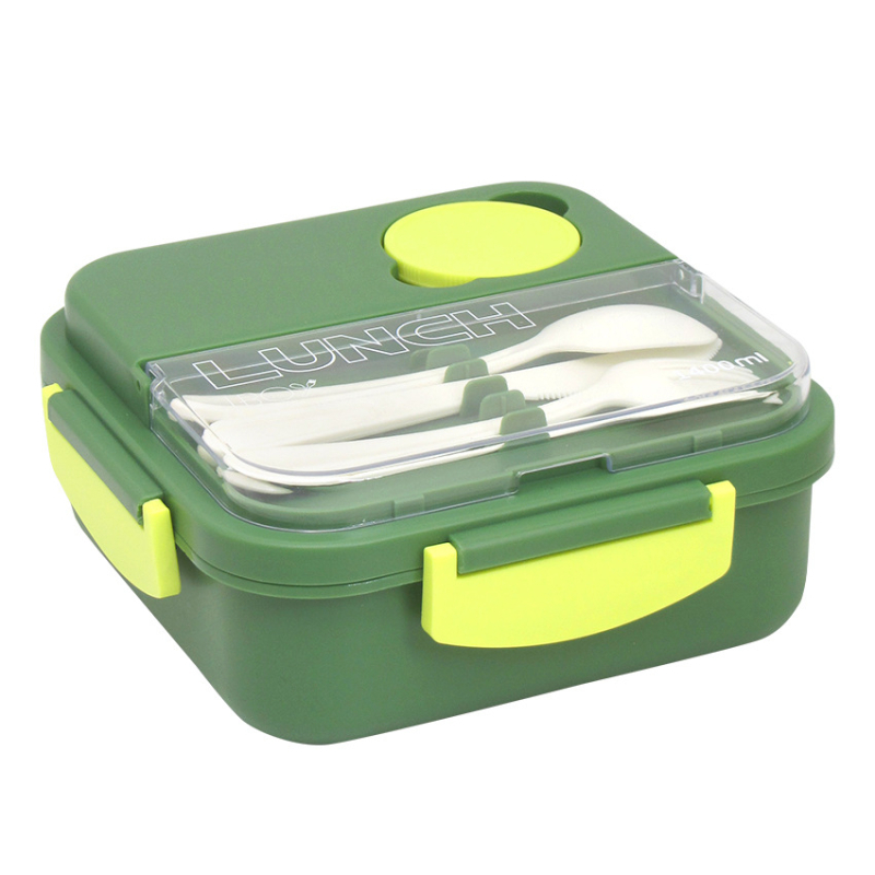 Cutie de prânz pătrată, izolată, cu tacâmuri și recipient pentru sos, închidere cu clips, compatibilă cu cuptorul cu microunde, trei compartimente.