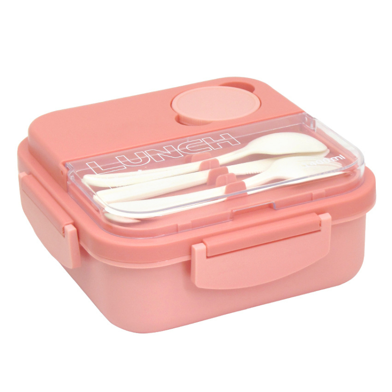 Cutie de prânz pătrată, izolată, cu tacâmuri și recipient pentru sos, închidere cu clips, compatibilă cu cuptorul cu microunde, trei compartimente.