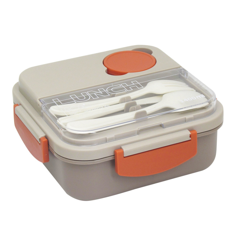 Cutie de prânz pătrată, izolată, cu tacâmuri și recipient pentru sos, închidere cu clips, compatibilă cu cuptorul cu microunde, trei compartimente.