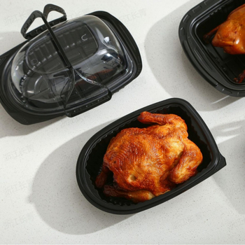 Cutie de unică folosință, alimentară, portabilă pentru take-away, pentru pui la rotisor, rață la rotisor și carne de porumbei; ambalaj multifuncțional