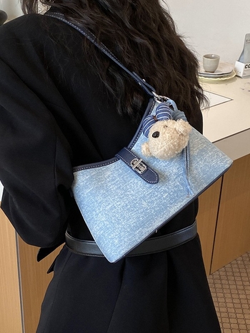Geantă de damă albastră în stil denim, versatilă, cu capacitate mare, geantă de umăr pentru uz zilnic, look modern