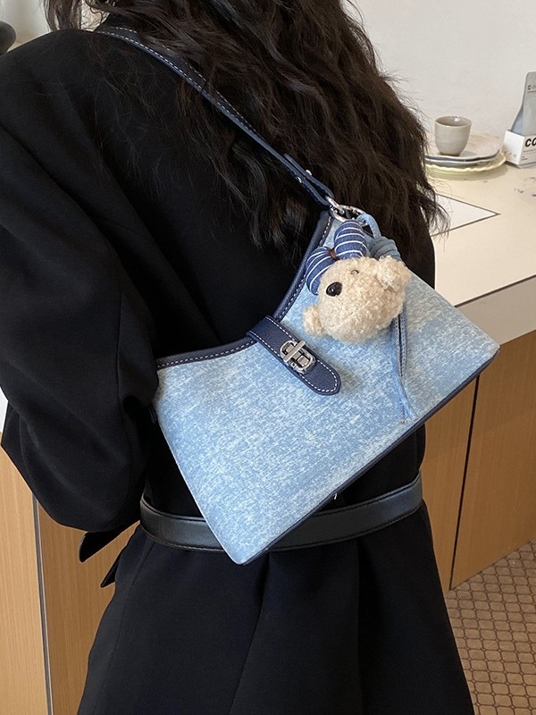 Geantă de damă albastră în stil denim, versatilă, cu capacitate mare, geantă de umăr pentru uz zilnic, look modern