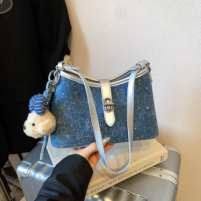 Geantă de damă albastră în stil denim, versatilă, cu capacitate mare, geantă de umăr pentru uz zilnic, look modern