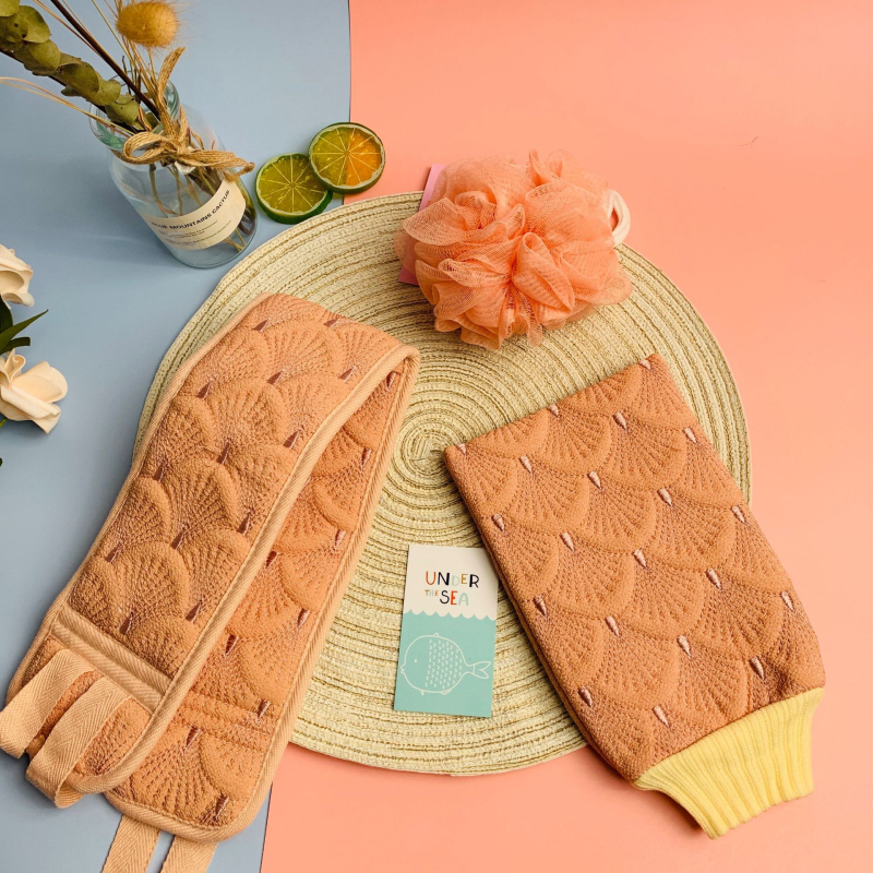 Qiao Jia Mermaid Set de baie pentru exfoliere — prosop de baie, scrub cu lut, minge pentru spate, mănuși de baie cu flori