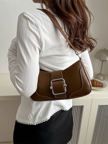 Geantă de umăr în stil franțuzesc, textură PU, vară 2025, geantă baguette retro, curea crossbody