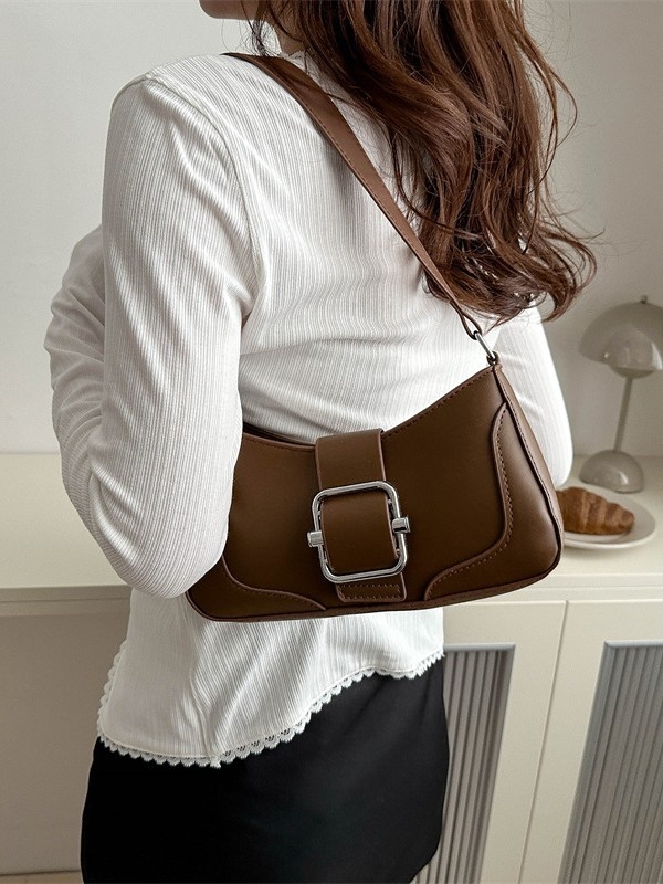 Geantă de umăr în stil franțuzesc, textură PU, vară 2025, geantă baguette retro, curea crossbody