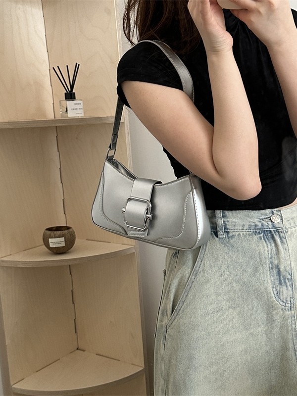 Geantă de umăr în stil franțuzesc, textură PU, vară 2025, geantă baguette retro, curea crossbody