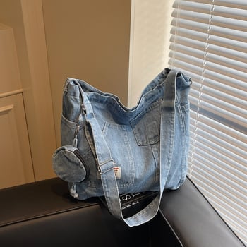 Geantă tote din denim, capacitate mare, primăvara 2025, casual pentru femei pe umăr