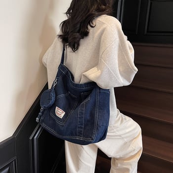 Geantă tote din denim, capacitate mare, primăvara 2025, casual pentru femei pe umăr