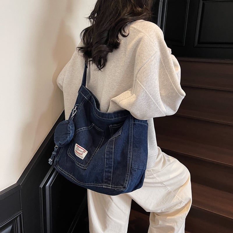 Geantă tote din denim, capacitate mare, primăvara 2025, casual pentru femei pe umăr