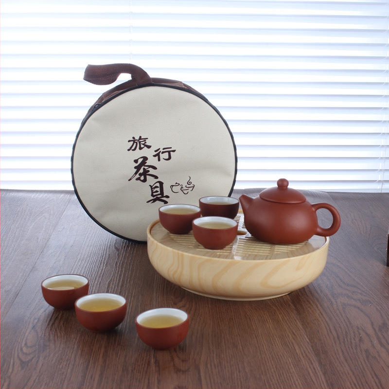 Set Gongfu din lut purpuriu – set de exterior portabil cu ceainic, gaiwan şi farfurie de ceai, patru piese