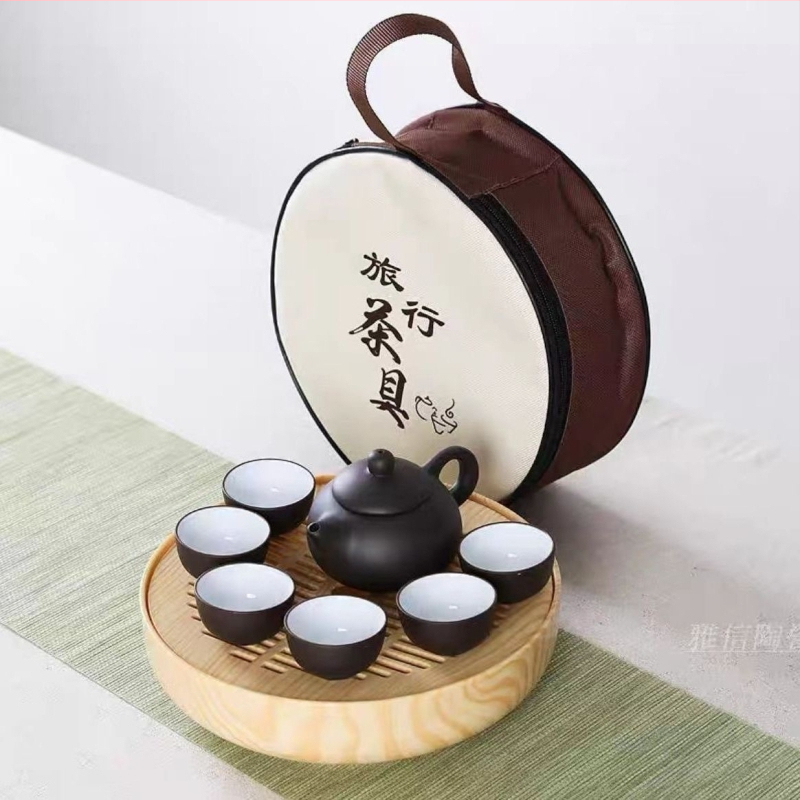 Set Gongfu din lut purpuriu – set de exterior portabil cu ceainic, gaiwan şi farfurie de ceai, patru piese