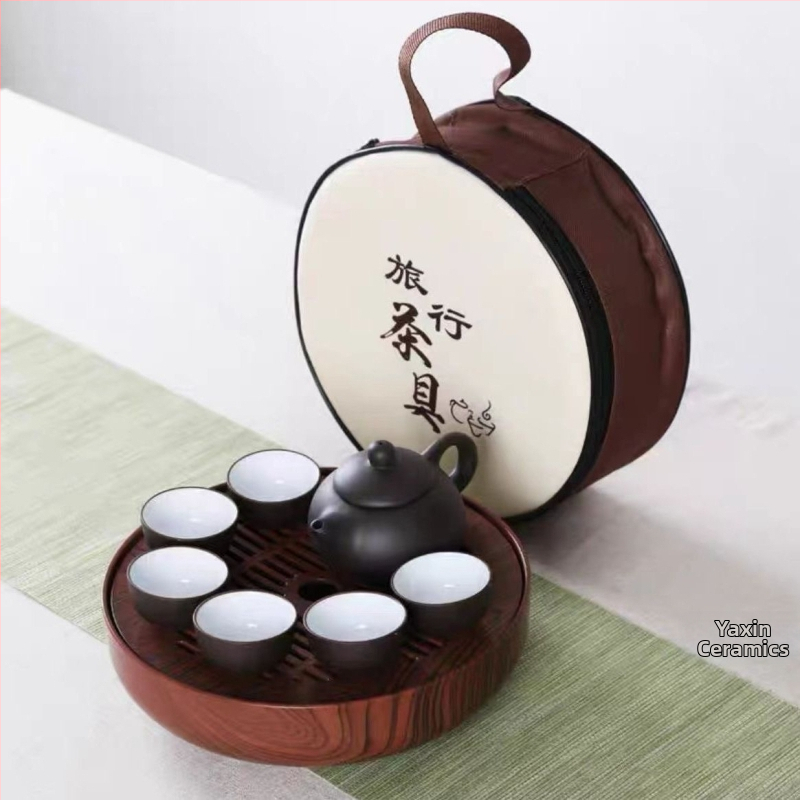 Set Gongfu din lut purpuriu – set de exterior portabil cu ceainic, gaiwan şi farfurie de ceai, patru piese