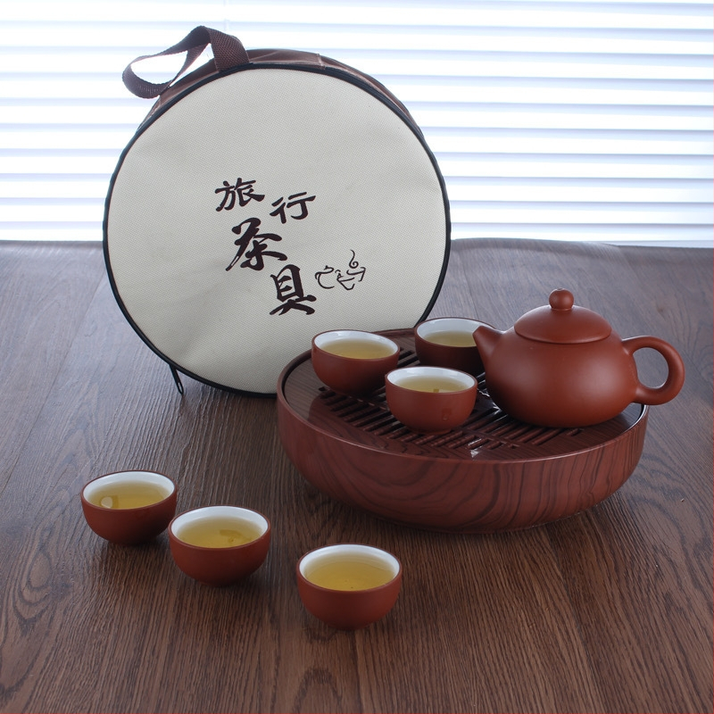 Set Gongfu din lut purpuriu – set de exterior portabil cu ceainic, gaiwan şi farfurie de ceai, patru piese