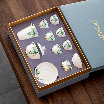Set de ceai Kung Fu din ceramică cu gaiwan cu capac și cești cu margine aurie, stil Guochao, logo imprimat