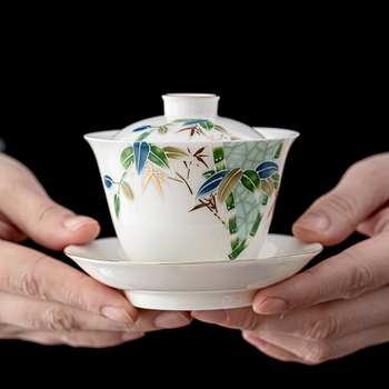 Set de ceai Kung Fu din ceramică cu gaiwan cu capac și cești cu margine aurie, stil Guochao, logo imprimat