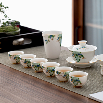 Set de ceai Kung Fu din ceramică cu gaiwan cu capac și cești cu margine aurie, stil Guochao, logo imprimat