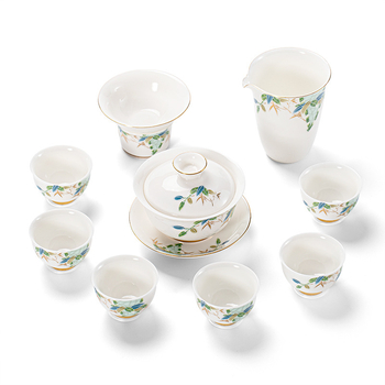 Set de ceai Kung Fu din ceramică cu gaiwan cu capac și cești cu margine aurie, stil Guochao, logo imprimat