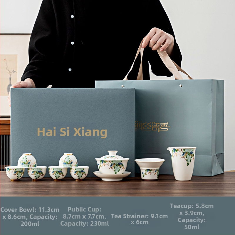 Set de ceai Kung Fu din ceramică cu gaiwan cu capac și cești cu margine aurie, stil Guochao, logo imprimat