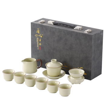 Set de ceai din ceramică bej Ge ware cu ceainic cu mâner, capace, boluri și cești într-o cutie cadou, set complet pentru cadouri corporative