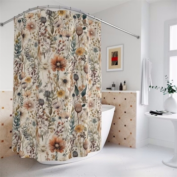 Cortină de duș cu model floral în stil Art Nouveau – decor vintage pentru baie, în nuanțe galben și roz