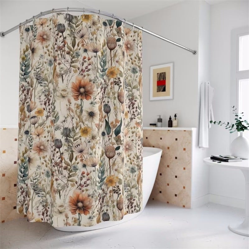 Cortină de duș cu model floral în stil Art Nouveau – decor vintage pentru baie, în nuanțe galben și roz