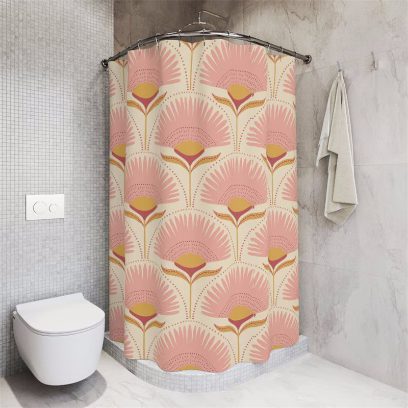 Cortină de duș cu model floral în stil Art Nouveau – decor vintage pentru baie, în nuanțe galben și roz