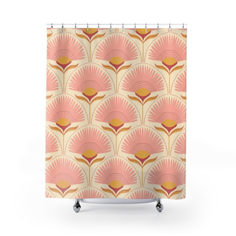 Cortină de duș cu model floral în stil Art Nouveau – decor vintage pentru baie, în nuanțe galben și roz