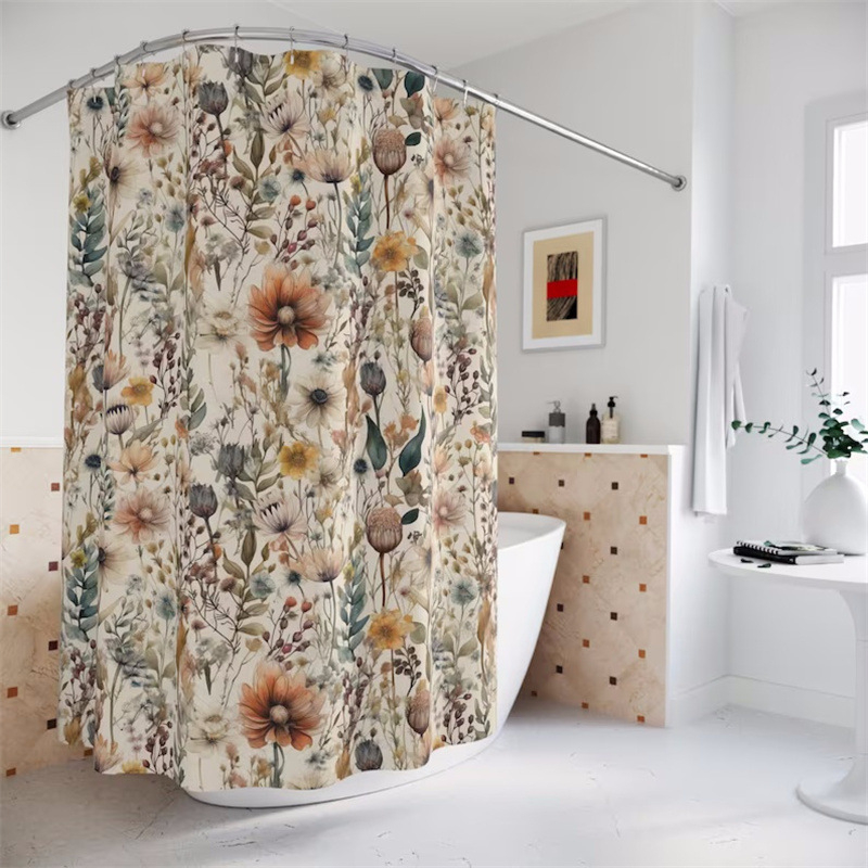 Cortină de duș cu model floral în stil Art Nouveau – decor vintage pentru baie, în nuanțe galben și roz