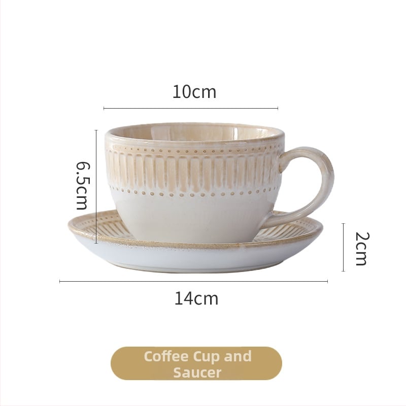 Set ceramice pentru cafea cu latte art și farfurioare pentru doi, stil retro, inspirație japoneză, lux discret retro