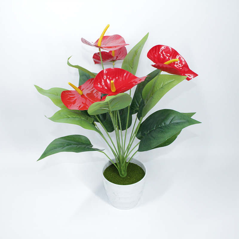 Anturium roșu artificial, 18 tulpini, 5 flori, plantă decorativă pentru interior, accesoriu pentru fotografie de nuntă